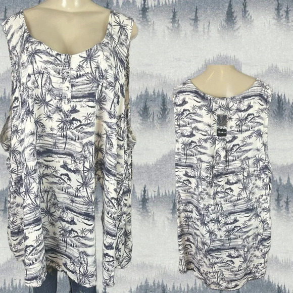 Torrid Plus 5 Navy Toile Island Print Rayon Scoop Button Neckline Sleeveless Top - Picture 1 of 6